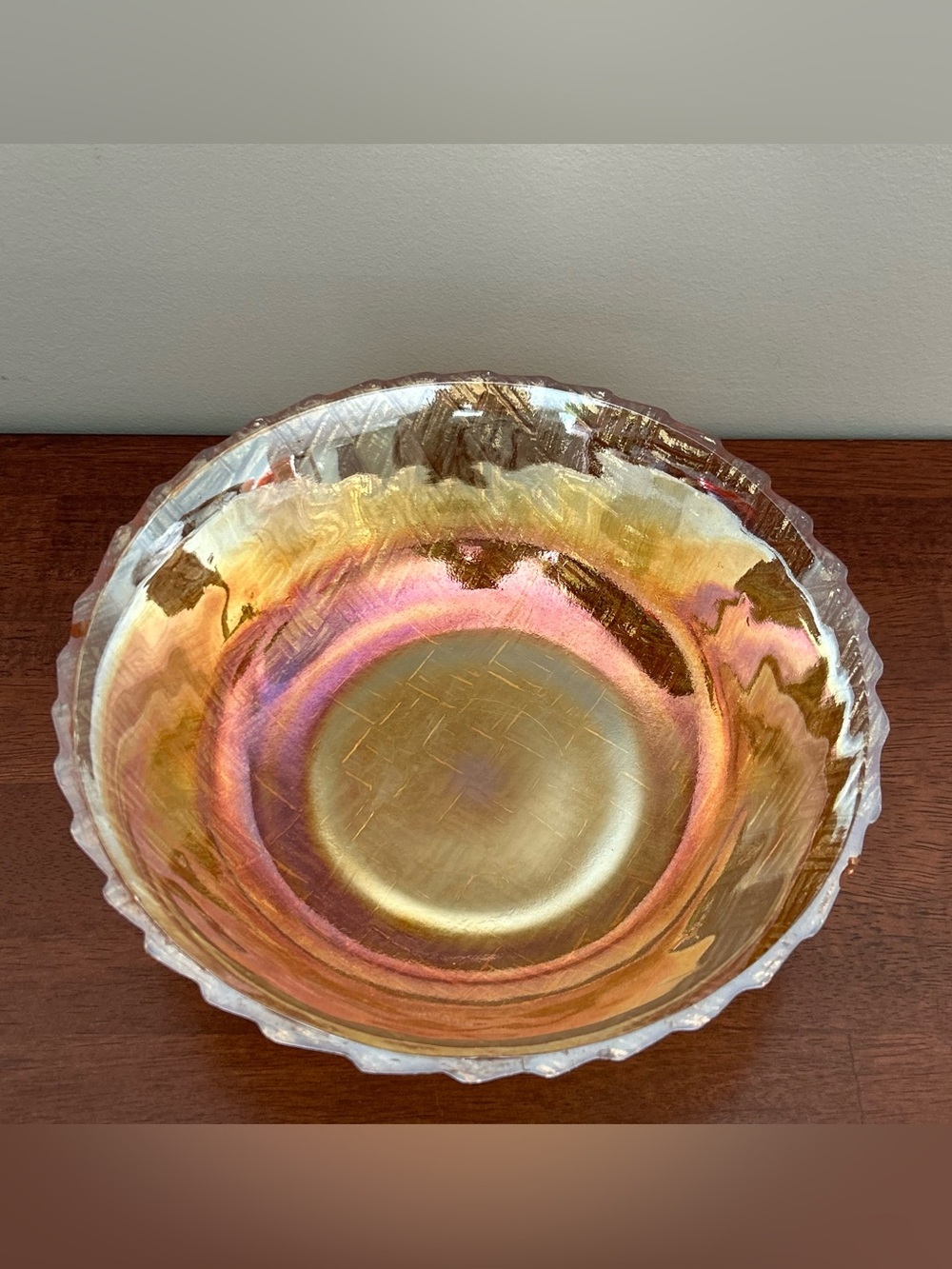 Vintage Carnival Glass Bowl Iridescent Marigold Peach Basketweave Pattern 8.5”